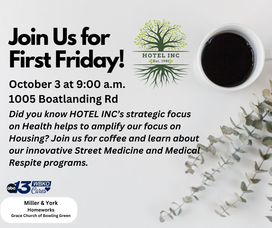 Join Us for First FridayOct 3 at 9 a.m.
1005 Boatlanding Rd
Join us for coffee and a discussion of our innovative Street Medicine and Medical Respite housing programs.
